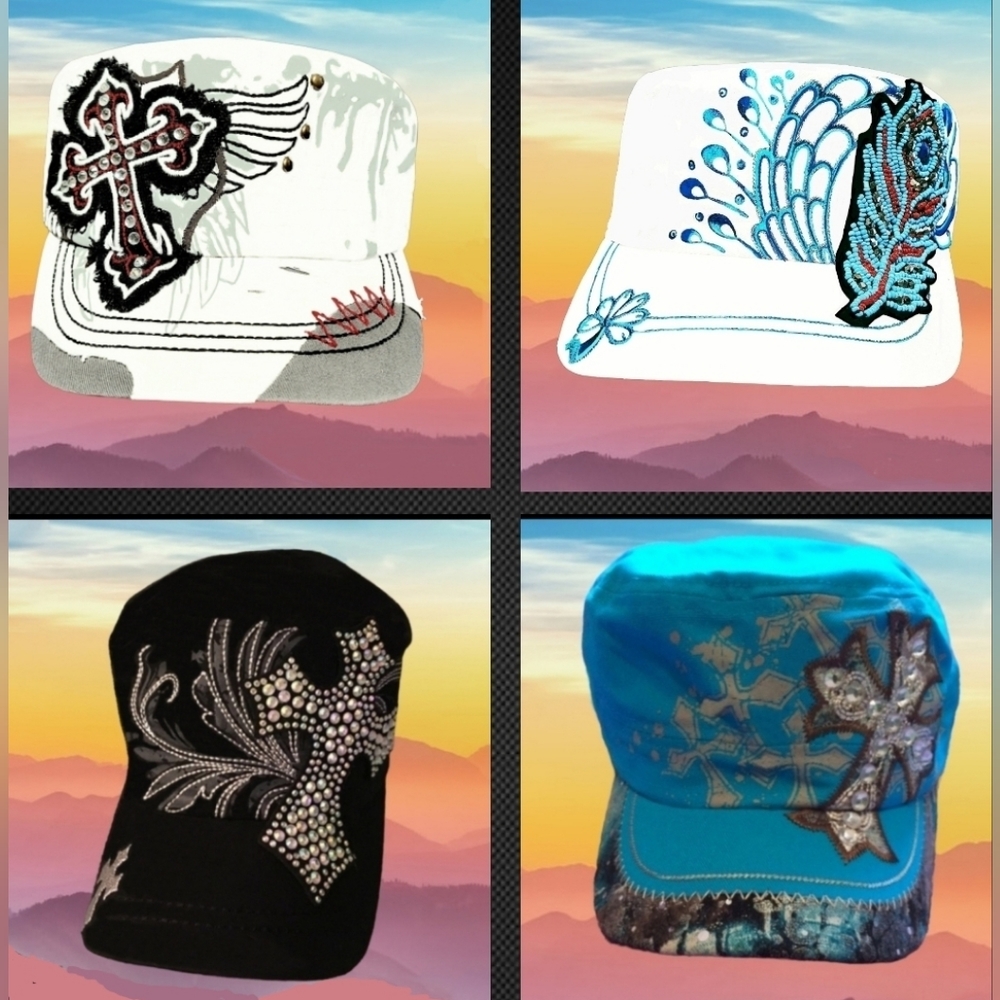 (3) New Beautiful Cross (1) New Peacock Feather Embrodered Cadet Statement  Caps